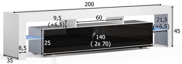 TV galds Pro Meble Milano 200, balta/pelēka, 200 cm x 35 cm x 45 cm