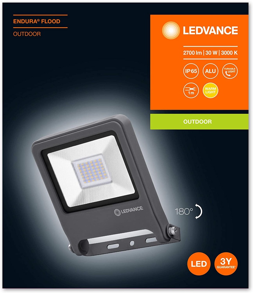Prožektors Ledvance, 30 W, 2400 lm, 3000 °K, IP65, pelēka