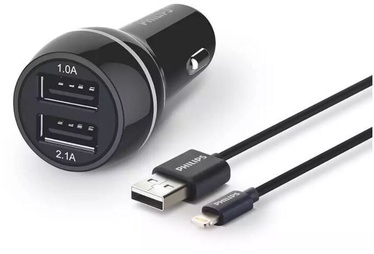 Philips Dual USB Car Charger With Lightning Cable Black