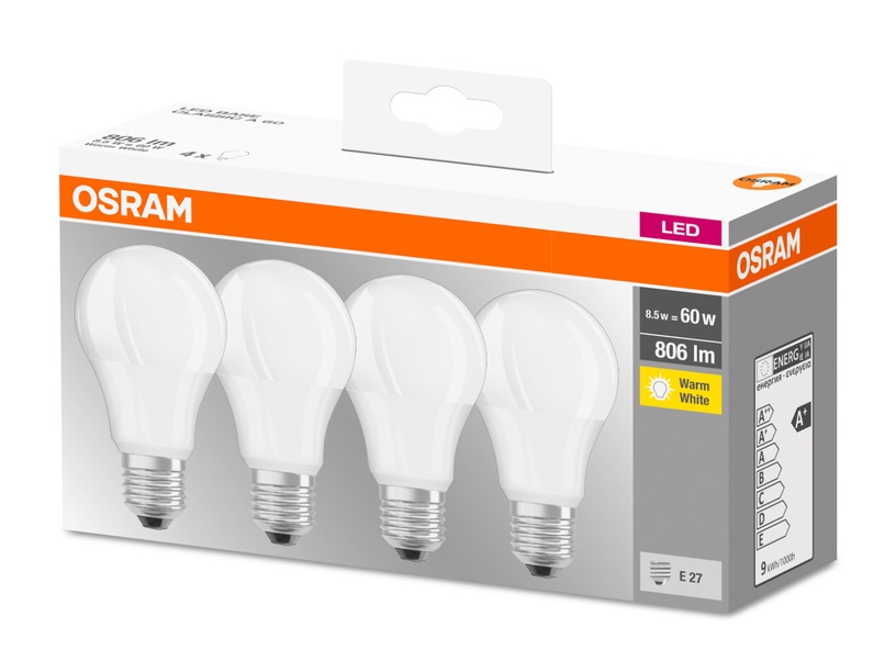 Лампочка Osram LED, теплый белый, E27, 9 Вт, 806 лм, 4 шт.