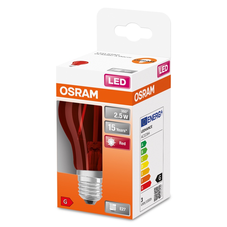 Светодиодная лампочка Osram LED, красный, E27, 2.5 Вт, 45 лм
