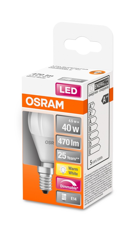 Lambipirn Osram LED, P45, soe valge, E14, 4.5 W, 470 lm