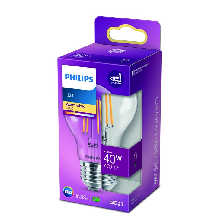 Лампочка Philips LED, теплый белый, E27, 4.3 Вт, 470 лм