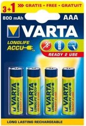 Аккумуляторные батарейки Varta, AAA, 800 мАч, 4 шт.