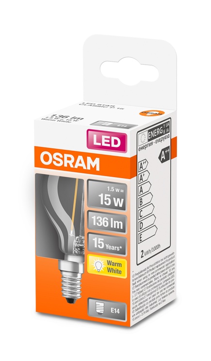 Spuldze Osram LED, P45, silti balta, E14, 1.5 W, 136 lm