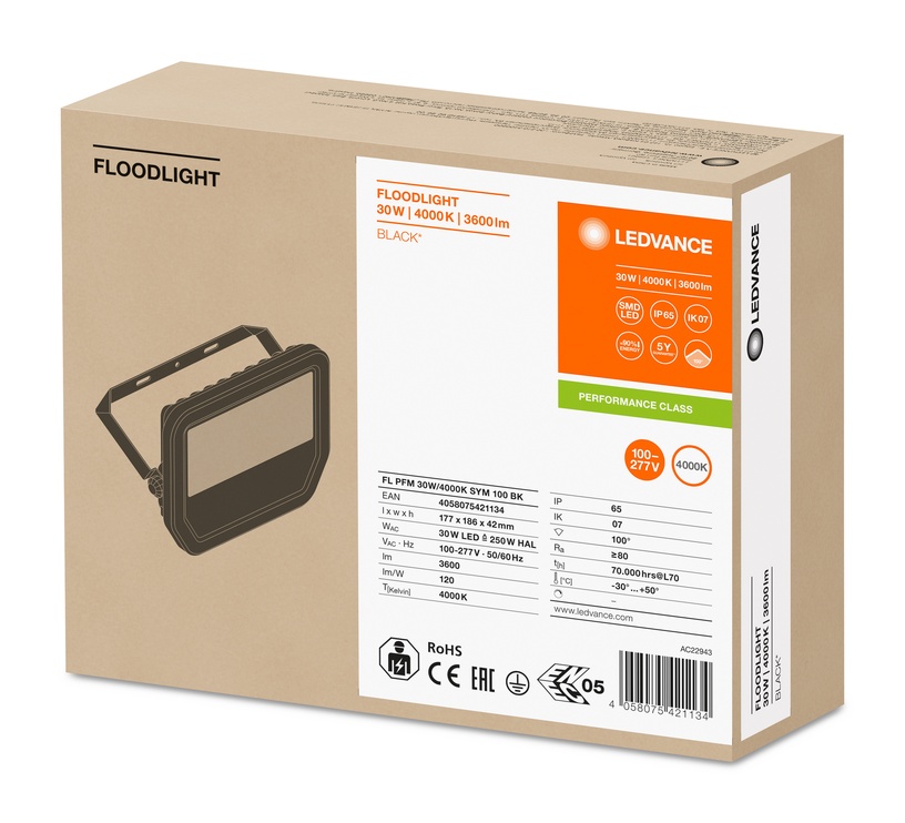 Prožektors Ledvance, 30 W, 3600 lm, 4000 °K, IP65, melna