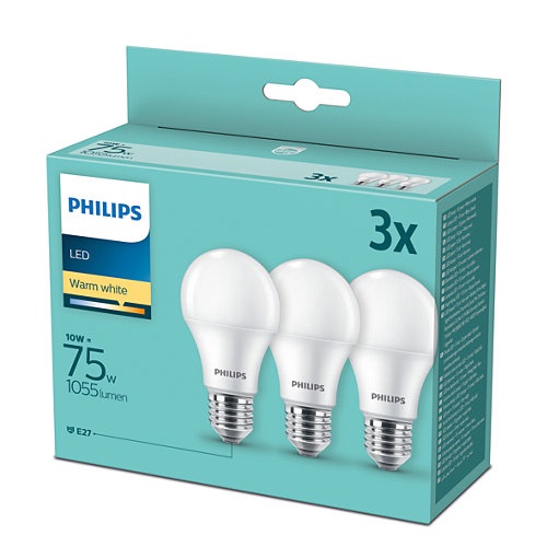 Лампочка Philips LED, желтый, E27, 10 Вт, 1055 лм, 3 шт.