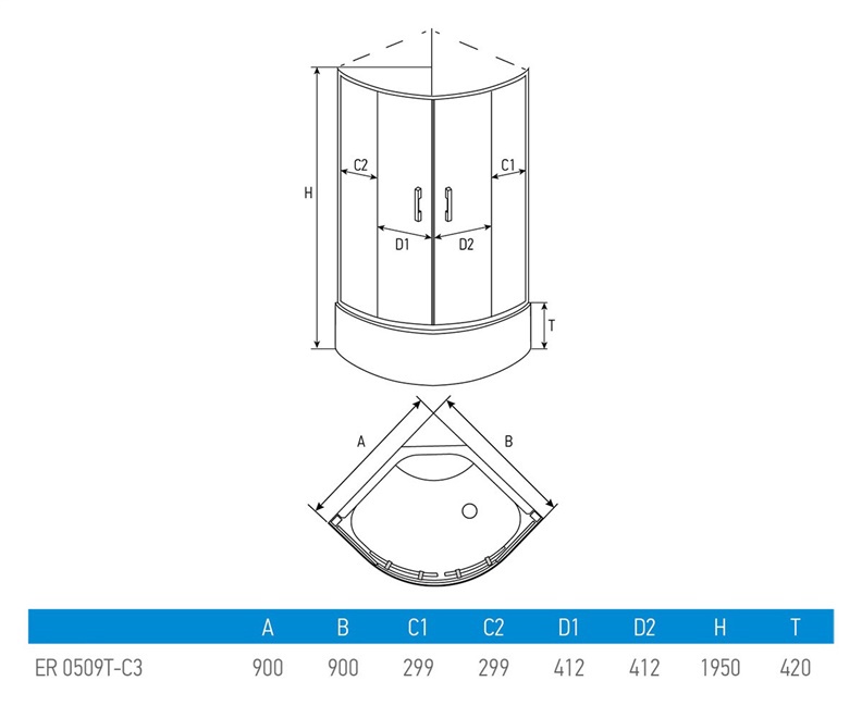 Dušas kabīne Erlit ER0509T-C3, pusapaļā, 900x900 mm