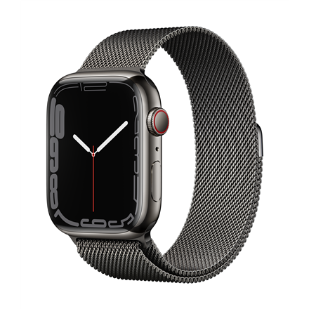 Viedais pulkstenis Apple Watch Series 7 GPS + Cellular, 45mm Graphite Stainless Steel Case with Graphite Milanese Loop, melna