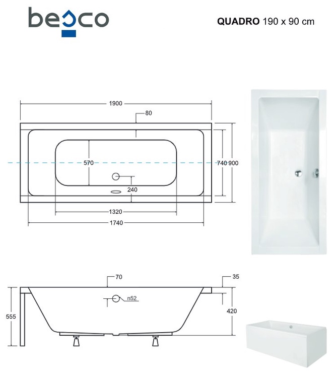 Vanna Besco Quadro 190, 1900 mm x 900 mm x 420 mm, taisnstūra