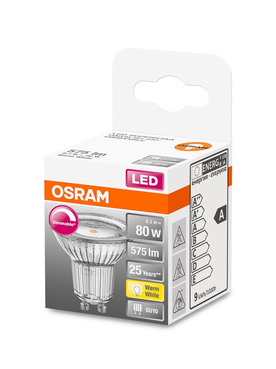 Лампочка Osram LED, теплый белый, GU10, 8.3 Вт, 575 лм