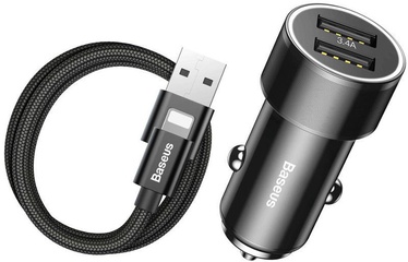 Baseus Small Screw Dual USB Car Charger + Apple Lightning Cable 1m Black