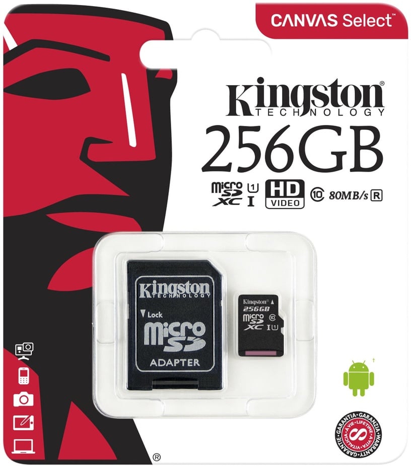 Карта памяти Kingston CL10 MICRO SD + ADAPTER SDCS2/128GB, 256 GB, 100 Мб/с - 85 Мб/с