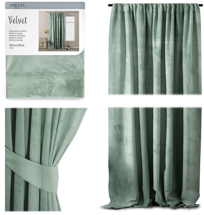 Öökardin AmeliaHome Velvet Pleat, roheline, 140 cm x 270 cm