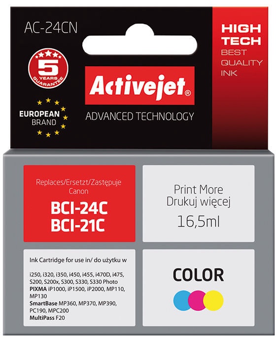 Rašalinio spausdintuvo kasetė ActiveJet Supreme BCI-24C, mėlyna/raudona/geltona/įvairių spalvų, 16.5 ml