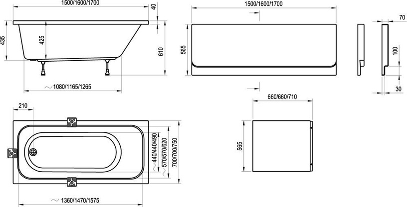 Панель для ванной Ravak Chrome CZ73100A00, 160 см x 70 см x 56.5 см