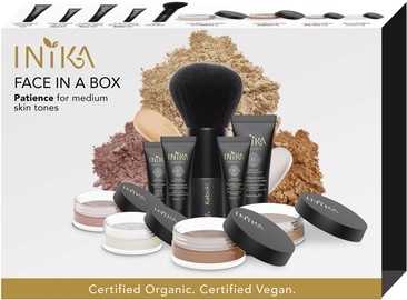 Inika Face In Box Starter Kit Patience Organic Mineral Powder 3g + Liquid Foundation 10ml + Bronzer 3.5g + Primer 10ml + Concealer 4ml + Setting Powder 0.7g + Blush 0.7g + Kabuki Brush + Makeup Bag
