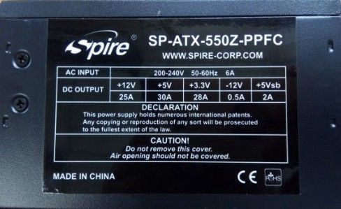 Блок питания Spire SP-ATX-550Z-PPFC 550 Вт, 12 см