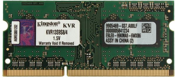 Оперативная память (RAM) Kingston KVR13S9S8/4, DDR3 (SO-DIMM), 4 GB, 1333 MHz