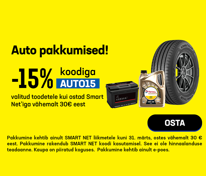 Auto pakkumised!  -15% valitud toodetele kui ostad Smart Net'iga vähemalt 30€ eest