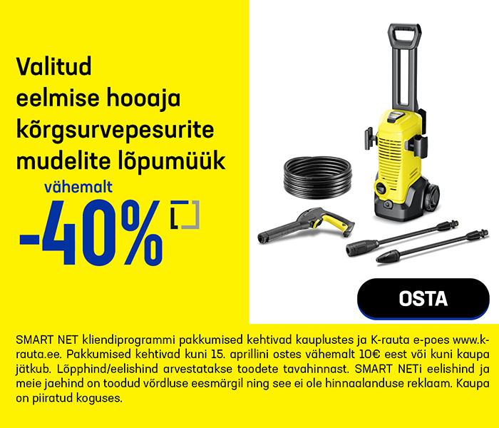 Valitud eelmise hooaja kõrgsurvepesurite mudelite lõpumüük vähemalt -40%