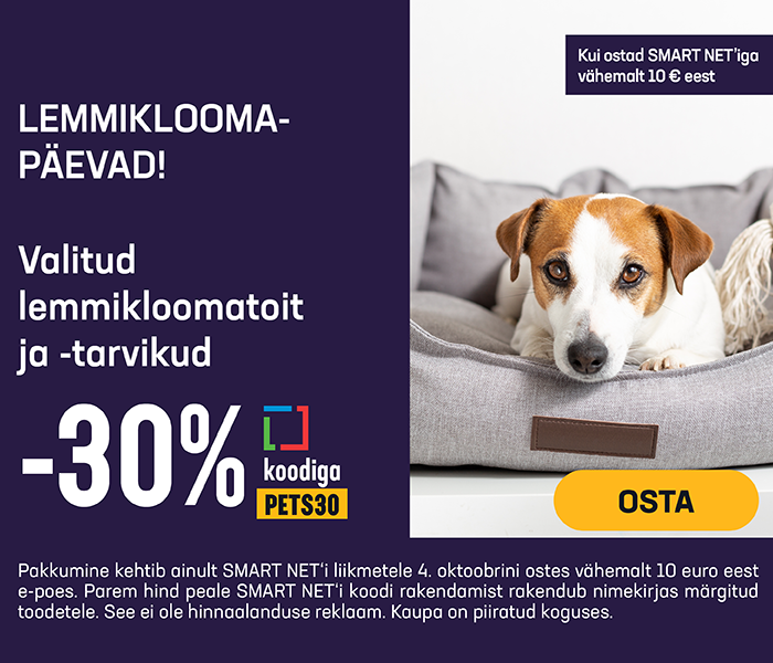 LEMMIKLOOMAPÄEVAD!  Valitud lemmikloomatoit ja -tarvikud -30%, kui ostad Smart Net'iga vähemalt 10€ eest