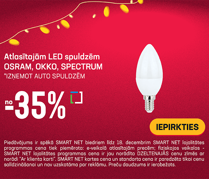 Atlasītajām LED spuldzēm OSRAM, OKKO, SPECTRUM *izņemot auto spuldzēm no -35%	
