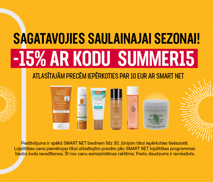 Sagatavojies saulainajai sezonai! -15% atlasītajām precēm iepērkoties par 10 EUR ar Smart Net