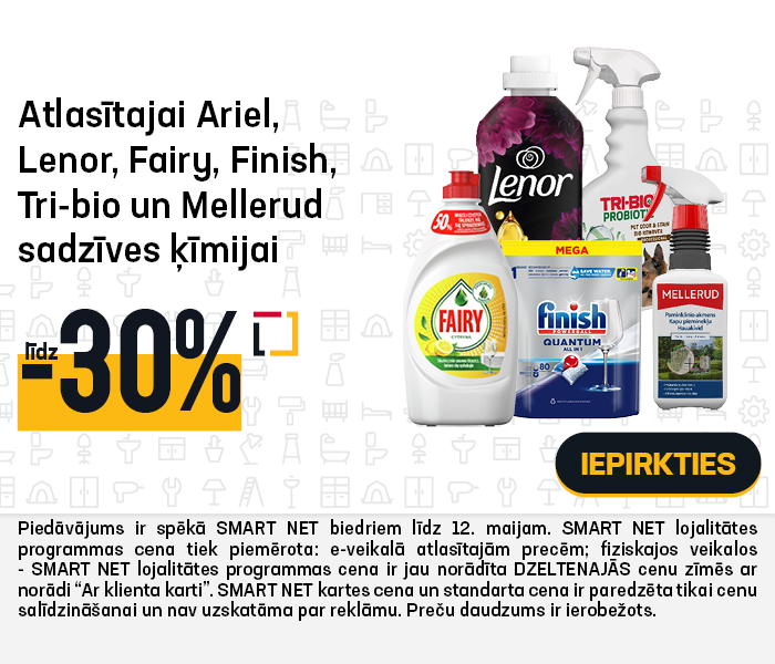 Atlasītajai Ariel, Lenor, Fairy, Finish, Tri-bio un Mellerud sadzīves ķīmijai līdz -30%	