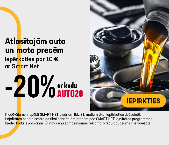 -20% atlasītajām auto un moto precēm iepērkoties par vismaz 10 EUR ar Smart Net