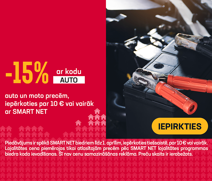 -15% auto un moto precēm, iepērkoties par 10 € vai vairāk ar Smart Net