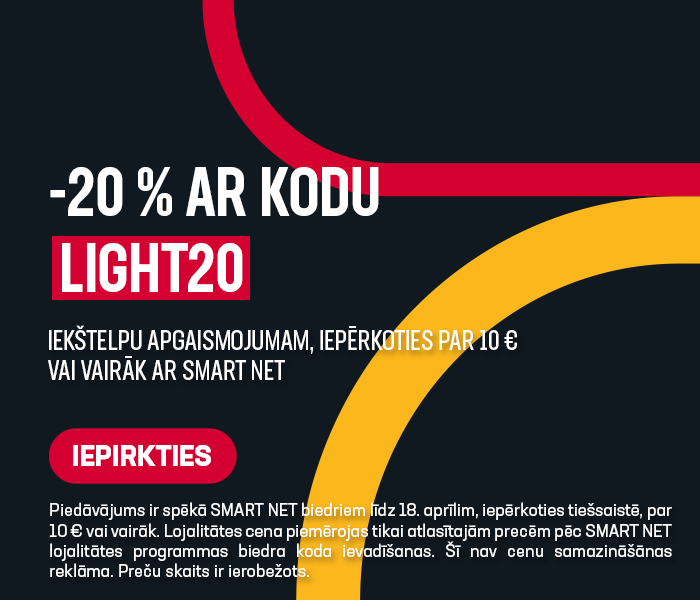 -20% iekštelpu apgaismojumam, iepērkoties par 10 € vai vairāk ar Smart Net