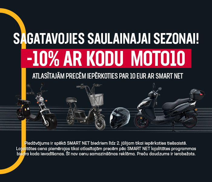 Elektrisko mopēdu un motociklu sezona! -10% atlasītajām precēm iepērkoties par 10 EUR ar Smart Net