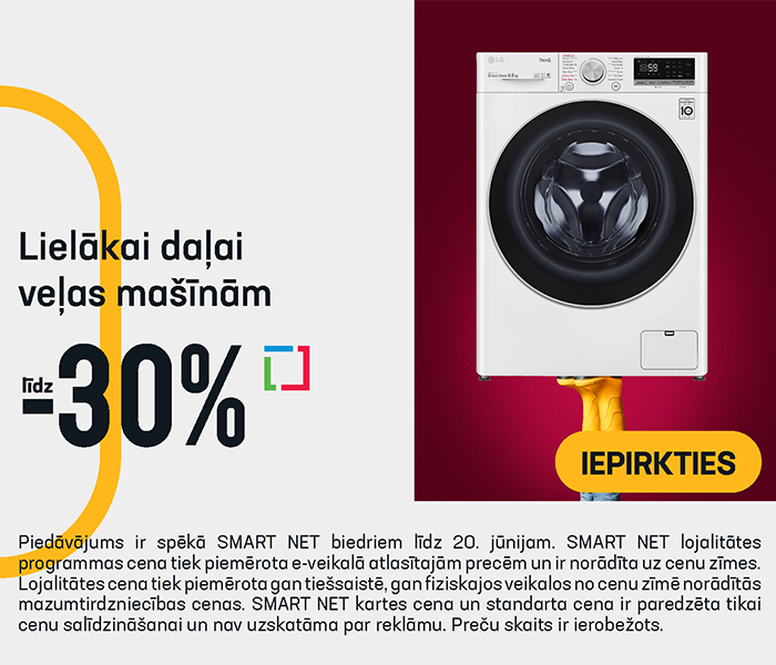 Lielākai daļai veļas mašīnām līdz – 30%