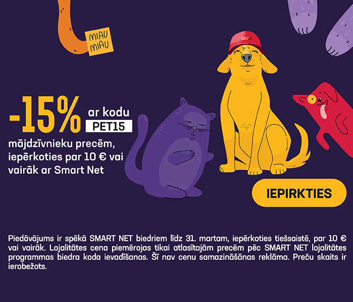 -15% mājdzīvnieku precēm, iepērkoties par 10 € vai vairāk ar Smart Net