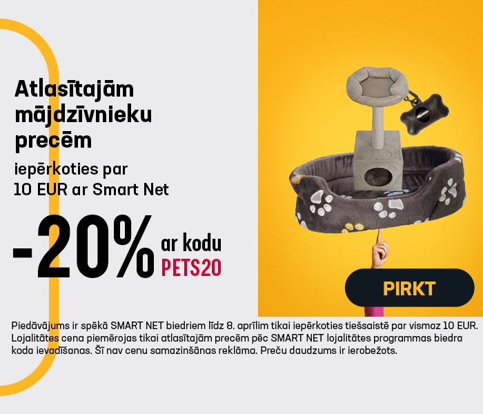 Atlasītajām mājdzīvnieku precēm -20% iepērkoties par 10 EUR ar Smart Net