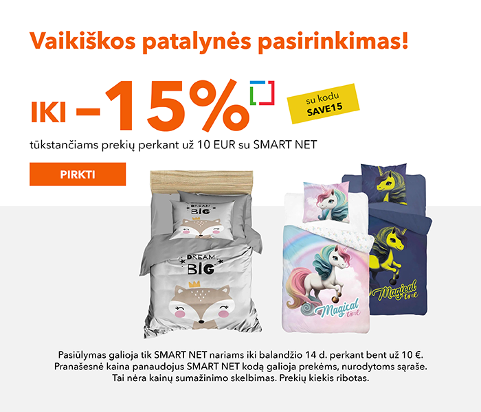 Vaikiškos patalynės pasirinkimas! iki -15% tūkstančiams prekių perkant už 10 EUR su Smart Net