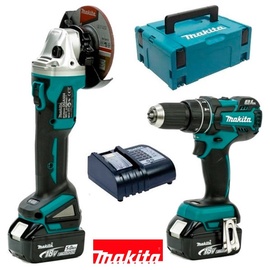 Kampinis šlifuoklis Makita DGA504Z+smūginis gręžtuvas DHP480Z+radijas DMR107